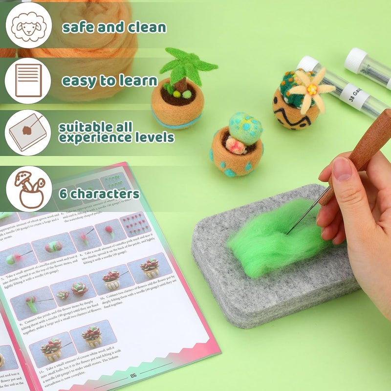 Yizzvb Needle Felting Kit, 6 Pcs Succulent Felting Kit for Beginner, Felting Kit, Needle Felting Tools Including Wool Roving, Foam Mat, Felting Needles and Instructions for DIY Felting Starters - Image 4